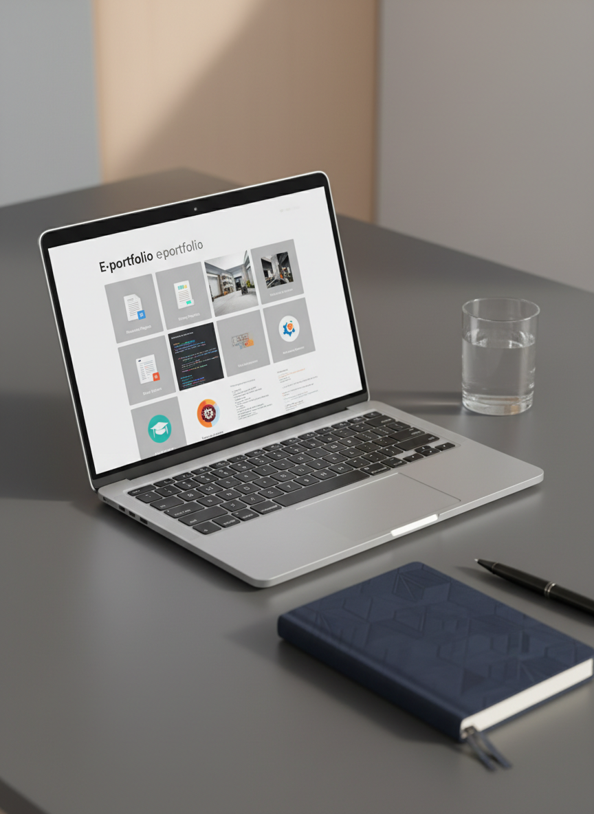 A sleek, silver laptop with a thin profile sits open on a matte charcoal desk, its high-resolution screen displaying a neatly organized digital e-portfolio dashboard with thumbnails of academic papers, project mockups, and achievement badges. Around it, a closed navy-blue hardcover notebook, a black metal pen, and a minimalist glass of water are precisely arranged, reinforcing a professional, organized tone. Soft daylight from an unseen large window washes in from the left, creating gentle reflections on the laptop’s metallic surface and casting crisp yet subtle shadows. Photographic realism with a clean, modern aesthetic, captured at eye level with a slight three-quarter angle and shallow depth of field, leaving the background as a soft blur of neutral tones to keep the focus on the digital portfolio interface.