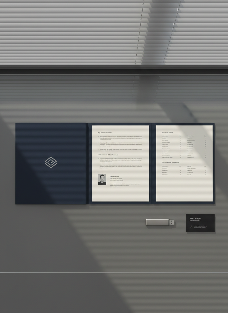A polished, navy-blue presentation folder embossed with a subtle, silver geometric logo lies open on a glass-topped desk, revealing neatly arranged printed summaries of key achievements, a one-page professional profile, and a concise list of technical skills, all formatted with clean typography and ample white space. A slim, brushed aluminum USB drive and a minimalist black business card sit beside the folder, hinting at digital access to the complete e-portfolio. Soft, diffused afternoon light filters through translucent blinds, creating refined, linear shadows on the glass surface below. Photographic realism with a corporate, high-end feel, shot from directly above in a flat-lay composition, ensuring every element is clearly visible and aligned, conveying precision, reliability, and meticulous personal branding.