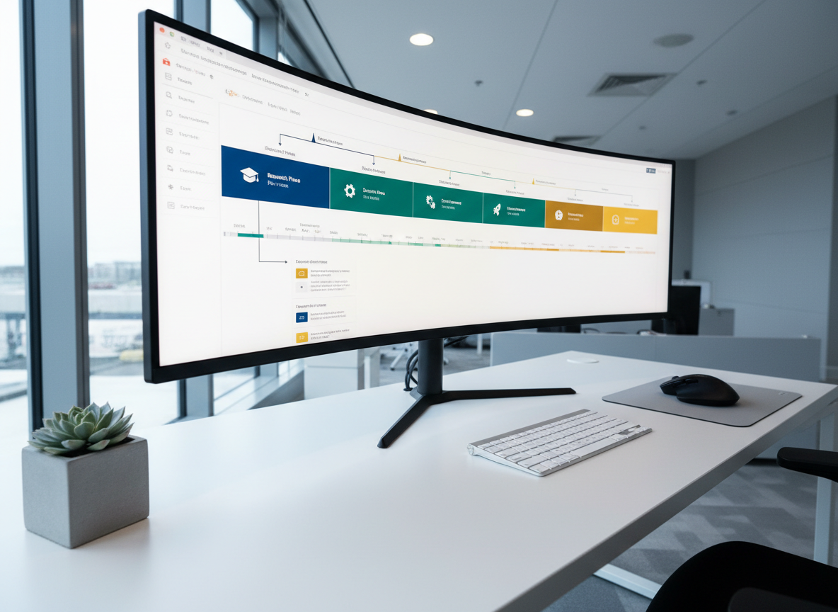 A large, ultra-wide computer monitor dominates a clean white desk, showcasing a detailed project timeline and flowchart for a complex academic or technical project, with color-coded milestones and neatly aligned icons. To the right, a slim external keyboard and a precise, ergonomic mouse rest on a light gray desk mat, and to the left, a small, minimal concrete planter holds a single green succulent, adding a touch of organic contrast. Cool, even natural light from a nearby window blends with subtle overhead office lighting, creating a balanced, shadow-free environment. Photographic realism in a modern, high-tech office setting, captured from a slightly elevated, wide-angle perspective that keeps everything in sharp focus, emphasizing organization, clarity, and forward-planning professionalism.