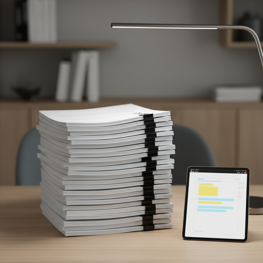 A stack of neatly aligned academic papers printed on crisp, bright white paper, each page clipped with slim black binder clips and labeled with small, understated title headers at the top. The stack rests on a smooth, light oak desk beside a slim, dark gray tablet displaying a digital document with highlighted sections and margin comments. A minimalist, brushed-steel desk lamp arcs overhead, casting focused, cool white light that emphasizes the texture of the paper and the clarity of the printed text without revealing exact words. Photographic realism with a professional, studious mood, shot from a slightly elevated angle using the rule of thirds, keeping the background softly blurred—only faint shapes of shelves and neutral office decor—to convey a dedicated academic workspace.